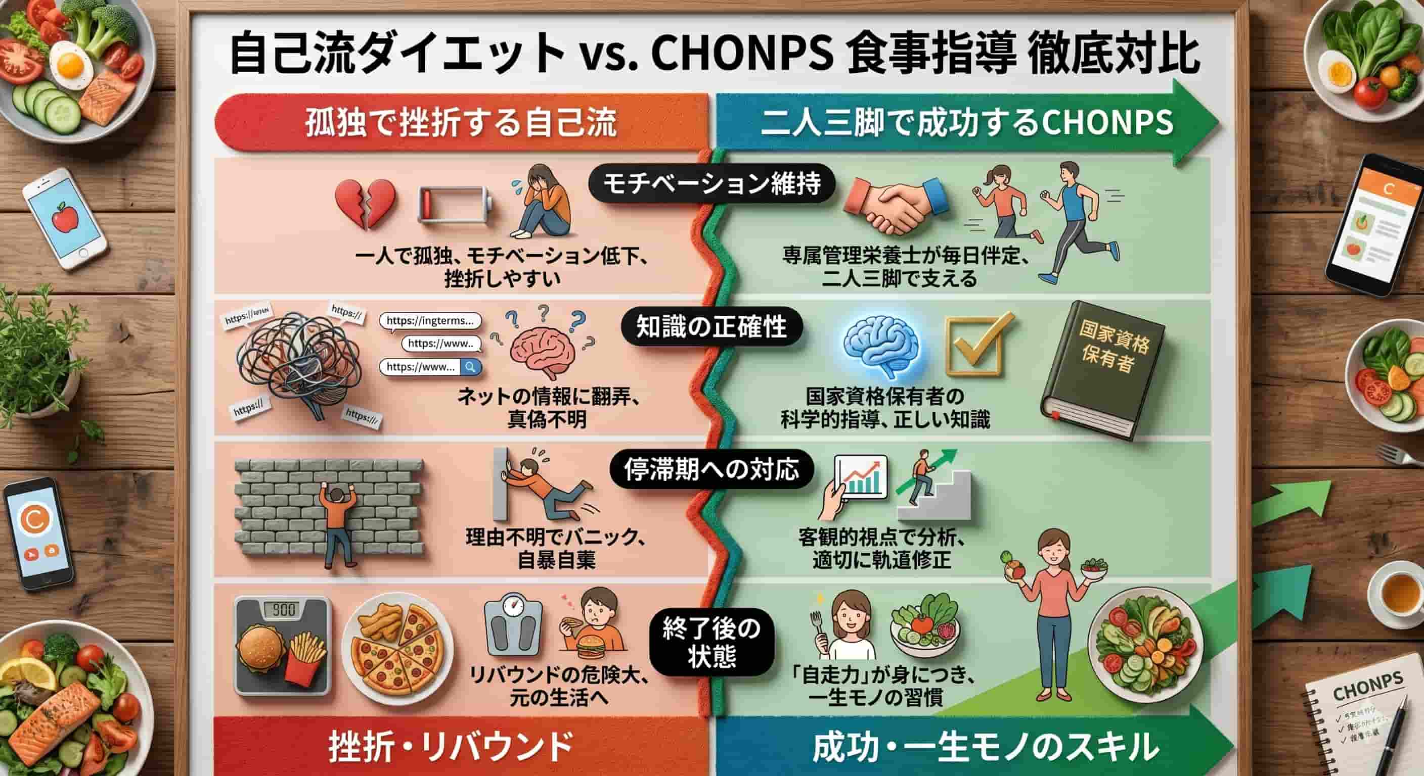 自己流ダイエットとCHONPS食事指導の対比画像